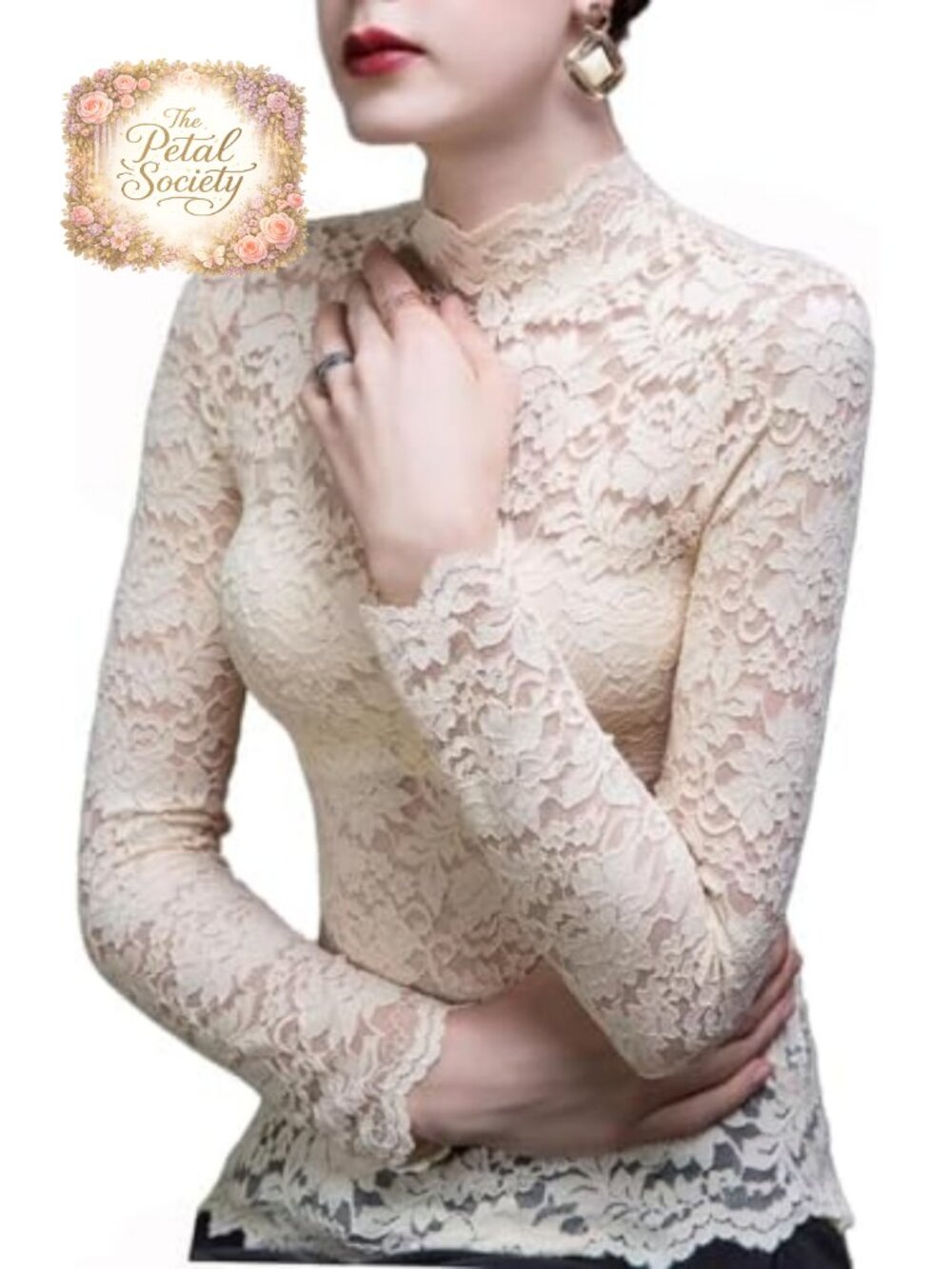 METWAY Lace Top for Women Long Sleeve Sheer Turtleneck Floral Mesh Blouse